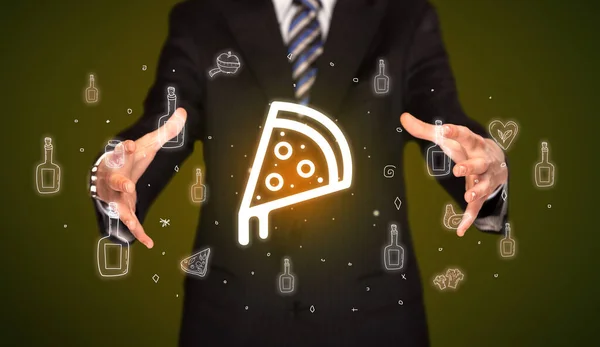 Hand Holding Plak Pizza Icoon Gezond Voedsel Levering Concept — Stockfoto