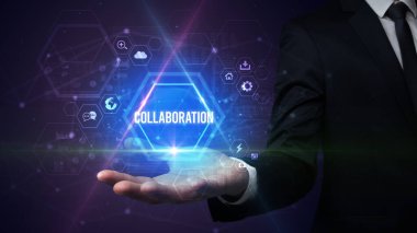 Erkek el ele tutuşması İşbirliği yazması, sosyal medya kavramı