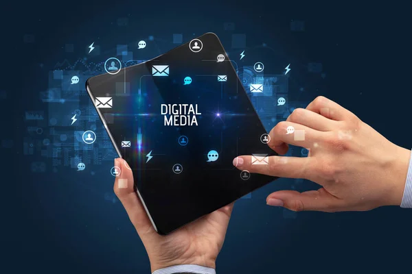 Businessman Holding Foldable Smartphone Digital Media Inscription Social Networking Concept — Stock Photo, Image