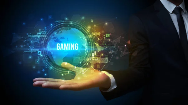 Elegante Hand Houden Gaming Inscriptie Digitale Technologie Concept — Stockfoto