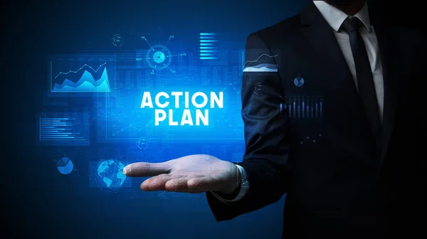 Hand Businessman Holding Action Plan Iscrizione Concetto Successo Aziendale — Foto Stock