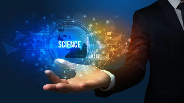 Elegant Hand Holding Science Inscription Digital Technology Concept — Stock Photo, Image