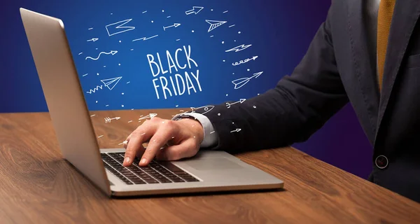 Businessman Working Laptop Black Friday Inscription Online Shopping Concept — Stock Photo, Image