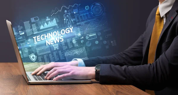 Businessman Working Laptop Technology News Inscription Cyber Technology Concept — Stock Photo, Image