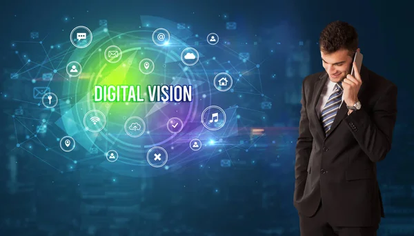 Affärsman Tänkande Framför Teknik Relaterade Ikoner Och Digital Vision Inskription — Stockfoto