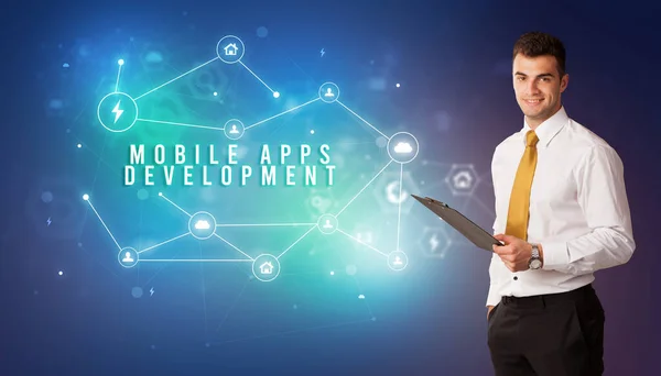Affärsman Framför Cloud Service Ikoner Med Mobile Apps Development Inskription — Stockfoto