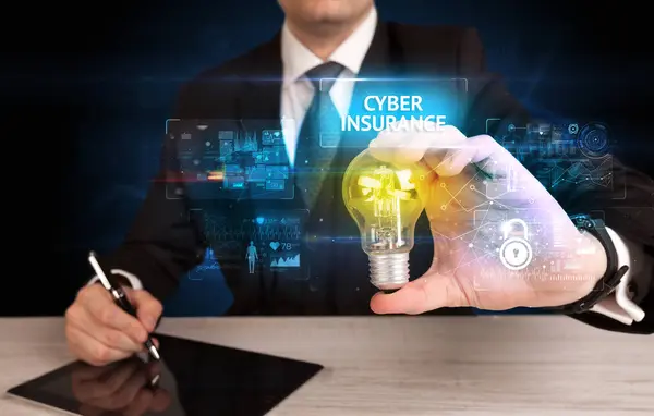 Homme Affaires Tenant Une Ampoule Avec Inscription Cyber Insurance Concept — Photo