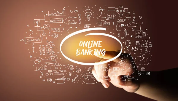 Käsi Koskettaa Online Banking Kirjoitus Käsin Piirretty Kuvakkeet Ympäri Liiketoimintasuunnitelma — kuvapankkivalokuva