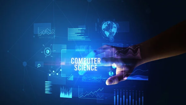 Toccante Mano Computer Science Iscrizione Nuovo Concetto Tecnologia Aziendale — Foto Stock