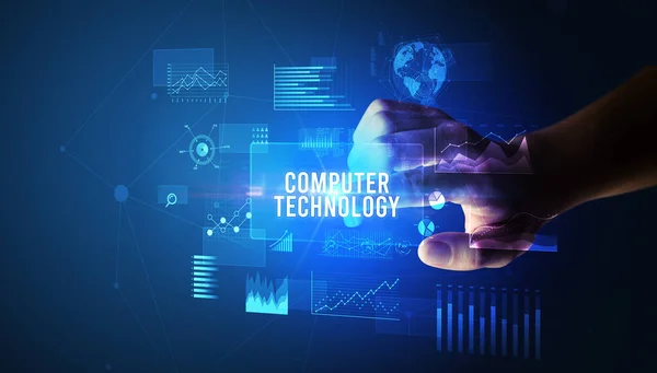 Рука Торкається Comuter Technogy Напис Нова Концепція Бізнес Технології — стокове фото