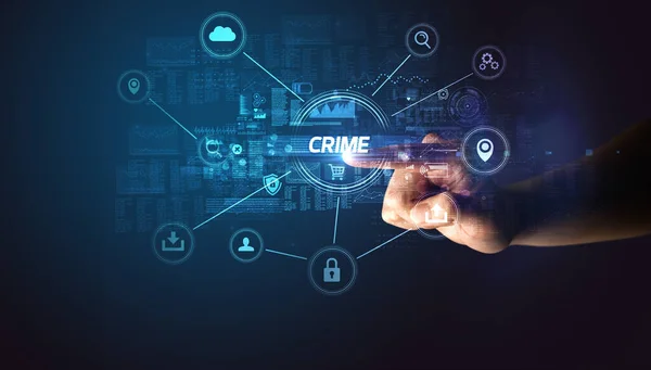 Mão Tocando Inscrição Crime Conceito Cibersegurança — Fotografia de Stock