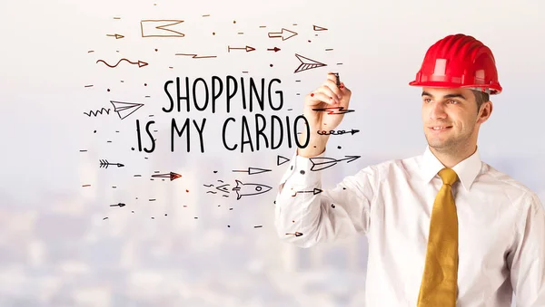 Hombre Negocios Guapo Con Dibujo Casco Compras Cardio Inscripción Concepto — Foto de Stock