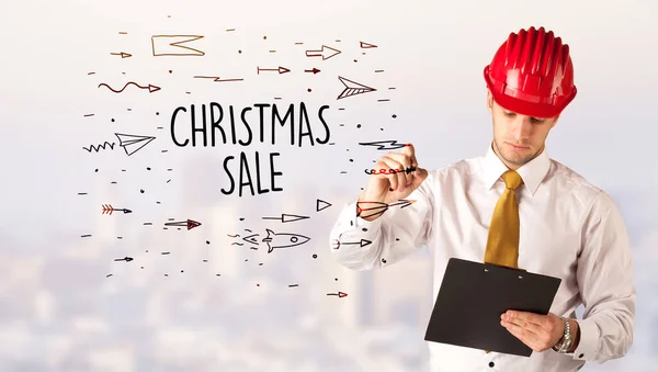 Красивий Бізнесмен Шоломом Малюнком Christmas Sale Напис Концепція Контрастності Продажу — стокове фото