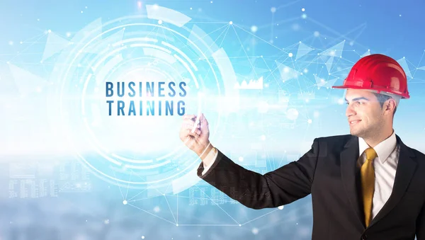 Schöner Geschäftsmann Mit Helm Zeichnung Business Training Inschrift Bau Business — Stockfoto