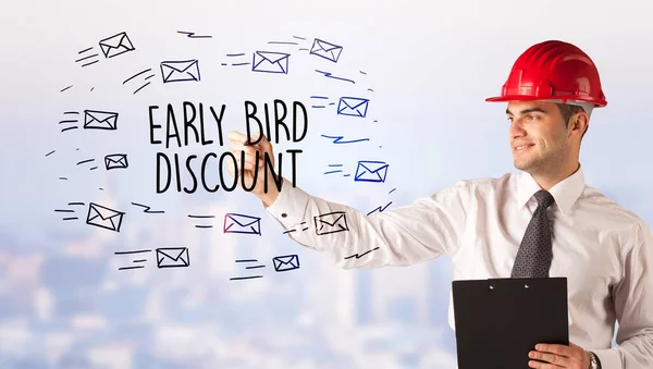 Handsome Businessman Helmet Drawing Early Bird Discount Inscription Contruction Sale — Stock Photo, Image