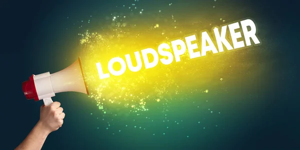 Young Woman Yelling Loudspeaker Loudspeaker Inscription Modern Media Concept — Stock Photo, Image