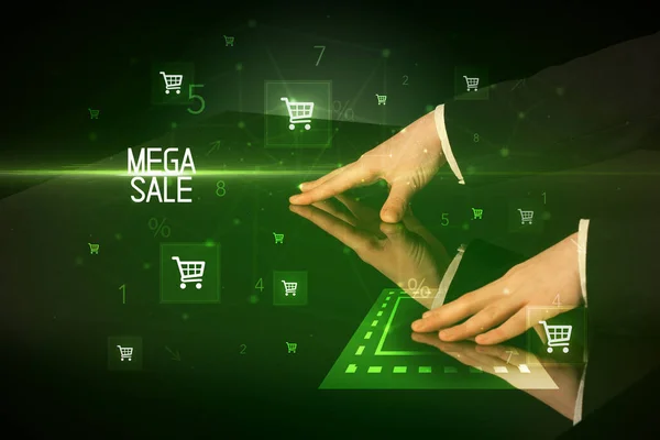 Online Αγορές Την Έννοια Επιγραφή Mega Sale Εικονίδια Καλάθι Αγορών — Φωτογραφία Αρχείου