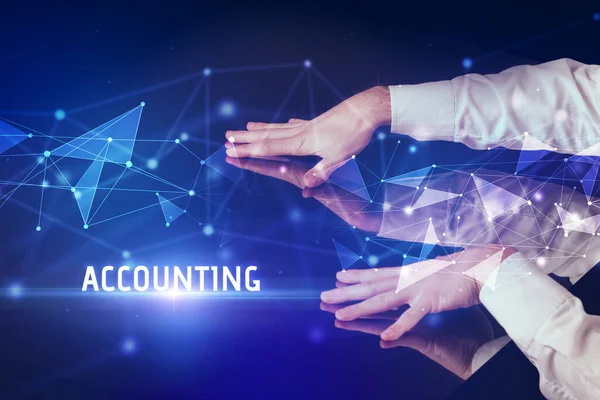 Hombre Negocios Tocando Pantalla Enorme Con Inscripción Accounting Concepto Negocio — Foto de Stock