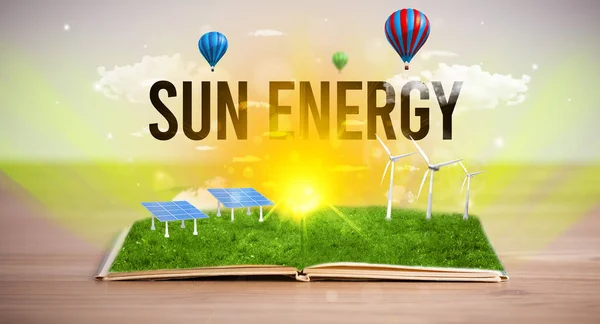 Відкрита Книга Написом Sun Energy Концепція Відновлюваної Енергетики — стокове фото