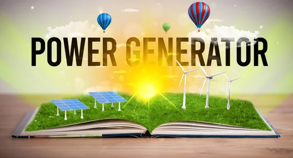 Livro Aberto Com Inscrição Power Generator Conceito Energia Renovável — Fotografia de Stock