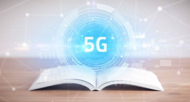 5G kısaltmalı açık kitap, modern teknoloji kavramı