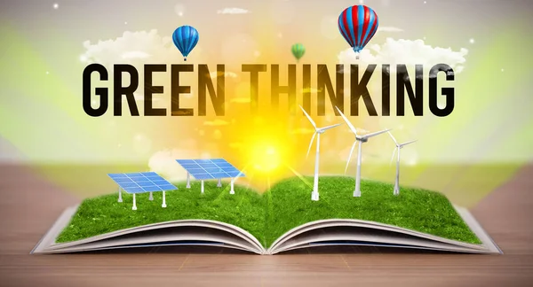 Open Book Green Thinking Inscription Renewable Energy Concept — Stock Photo, Image