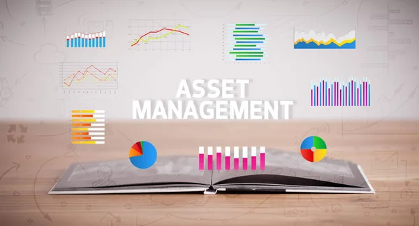 Offenes Buch Mit Asset Management Beschriftung Neues Geschäftskonzept — Stockfoto
