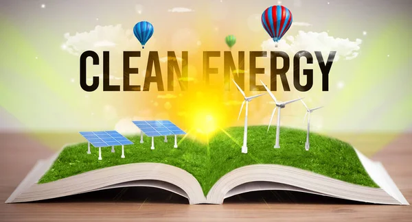 Open Boek Met Inscriptie Clean Energy Concept Hernieuwbare Energie — Stockfoto