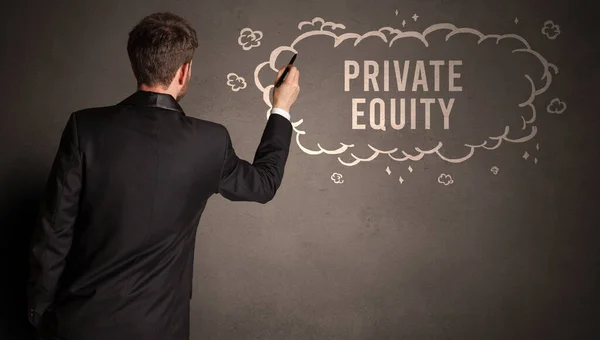 Biznesmen Rysujący Chmurę Napisem Private Equity Wewnątrz Nowoczesna Koncepcja Biznesowa — Zdjęcie stockowe