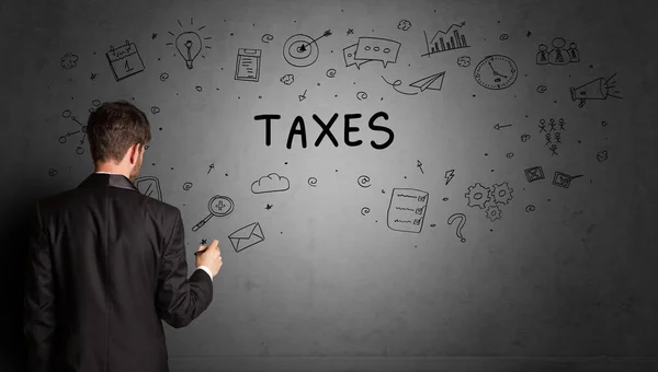 Zakenman Tekening Van Een Creatief Idee Schets Met Taxes Inscriptie — Stockfoto