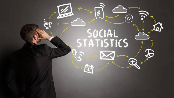 Businessman Drawing Social Media Icons Social Statistics Inscription New Media — Stock Photo, Image
