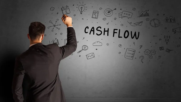 Zakenman Tekening Van Een Creatief Idee Schets Met Cash Flow — Stockfoto