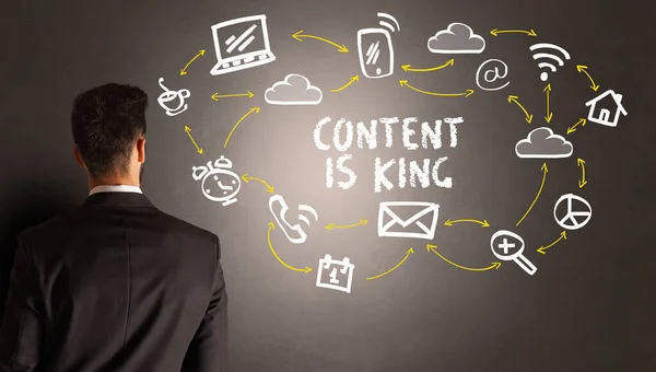 Бізнесмен Малює Піктограми Соціальних Медіа Написом Content King Нова Концепція — стокове фото