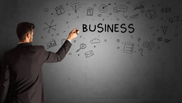 Businessman Drawing Creative Idea Sketch Business Inscription Business Strategy Concept — Stock Photo, Image