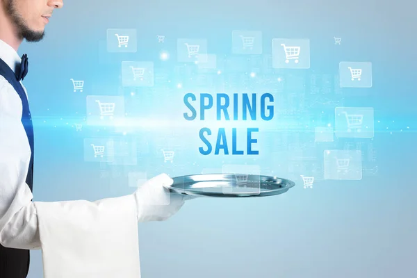 Spring Sale Feliratot Kiszolgáló Pincér Online Vásárlási Koncepció — Stock Fotó