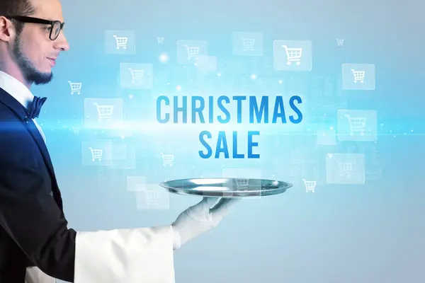 Kelner Obsługujący Świąteczny Napis Sale Koncepcja Zakupów Online — Zdjęcie stockowe