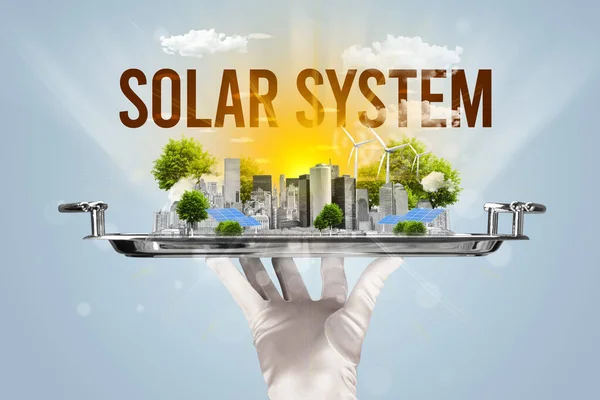 Ober Ten Dienste Van Eco Stad Met Solar System Inscriptie — Stockfoto