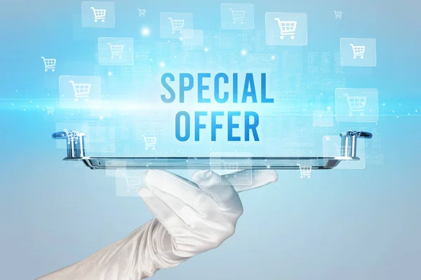 Cameriere Che Serve Speciale Iscrizione Offerta Concetto Shopping Online — Foto Stock