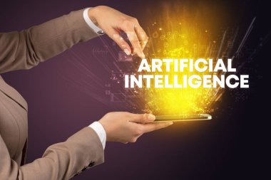 ARTIFICIAL INTELLIGENCE yazıtları, yenilikçi teknoloji konsepti ile dokunmatik ekran yakın plan