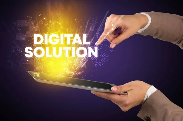 Nahaufnahme Eines Touchscreens Mit Digital Solution Beschriftung Innovatives Technologiekonzept — Stockfoto