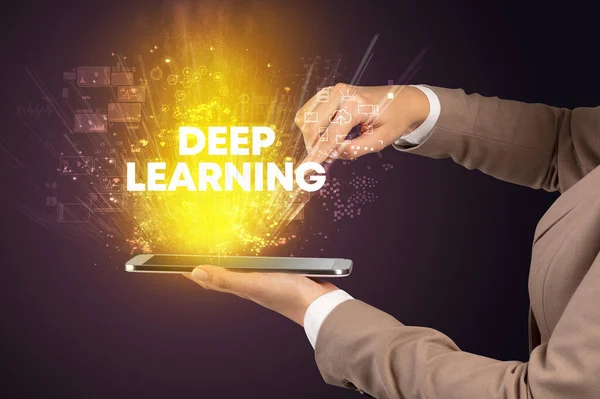 Nahaufnahme Eines Touchscreens Mit Deep Learning Beschriftung Innovatives Technologiekonzept — Stockfoto