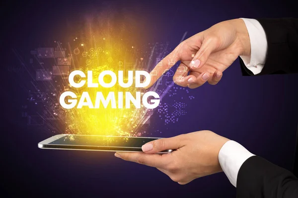 Närbild Pekskärm Med Cloud Gaming Inskription Innovativt Teknikkoncept — Stockfoto