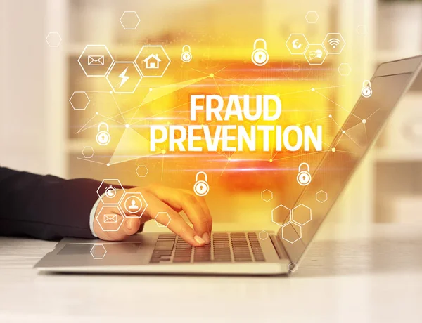 Fraud Prevention Inscription Laptop Internet Security Data Protection Concept Blockchain — Stock fotografie