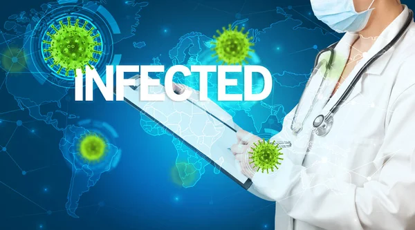 Arzt Füllt Krankenakte Mit Infekted Aufschrift Virologie Konzept — Stockfoto