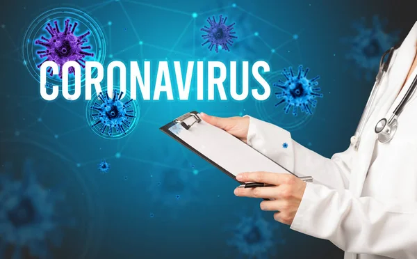 Médecin Prescrit Une Ordonnance Avec Inscription Coronavirus Concept Pandémique — Photo