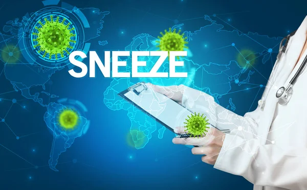 Lékař Vyplňuje Lékařské Záznamy Nápisem Sneeze Virologický Koncept — Stock fotografie