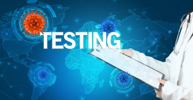 Doktor tıbbi kayıtları TESTING yazıtları ve viroloji konseptiyle dolduruyor.