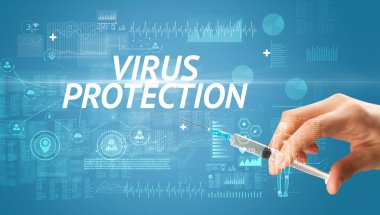 Virüs aşısıyla şırınga iğnesi ve VIRUS PROTECTION yazıtları, panzehir konsepti