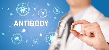 Doktor Antibody yazıtlı ilaç veriyor, koronavirüs konsepti
