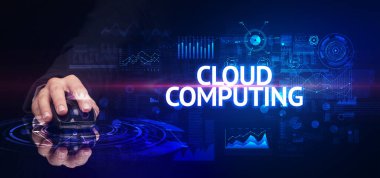 El ele tutuşan kablosuz çevre ile CLOUD tamamlayıcı yazıt, modern teknoloji kavramı